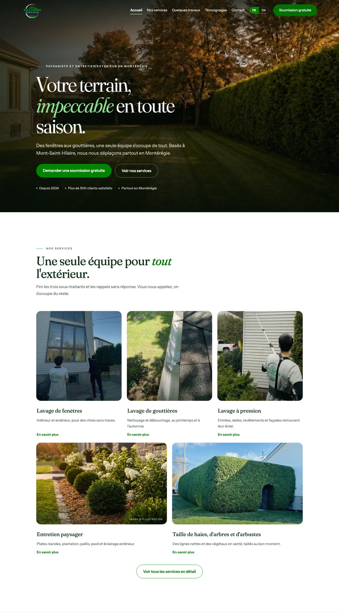 The home page of multiproservicesqc.com, top to bottom